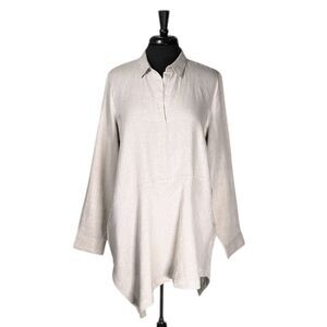 J. Jill Women's Love Linen Shirt Button Up Beige Asymmetrical Blouse Tunic Top L